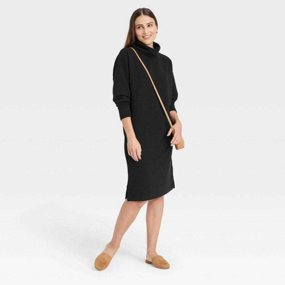 NWT A New Day Black Ribbed Long Sleeves Midi Dress